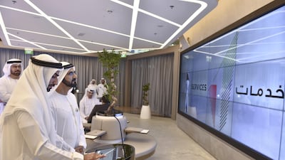 Sheikh Mohammed bin Rashid and Mohammed Gergawi tour the Service 1 centre. The centre has a giant smart touch screen that is the largest in the Middle East. Wam