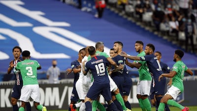 Paris Saint Germain and Saint Etienne players argue after Loic Perrin's red card. EPA