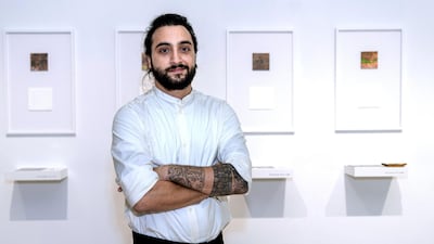 Abu Dhabi, United Arab Emirates, February 15, 2020. STORY BRIEF: Opening of UAEUnlimited exhibition Intimaa: Belonging at the NYUAD Art Centre. -- Majd Alloush (b. 1996) is a Syrian Artist working with copper, embossed Somerset paper. Liminal Margin, 2020, 11 prints. Victor Besa / The National Section: AC Reporter: Alexandra Chaves