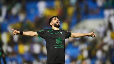 Sumayhan Al Nabit celebrates after scoring during the Saudi Pro League football match between Al Khaleej and Al Ahli. Getty