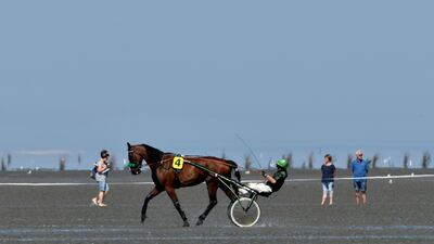 A horse rider competes during the traditional Duhner Wattrennen mudflat race in Cuxhaven, northern Germany. AFP