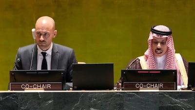 France's Foreign Minister Jean-Noel Barrot and Saudi Arabia Foreign Minister Prince Faisal bin Farhan speak at the UN in New York. AP