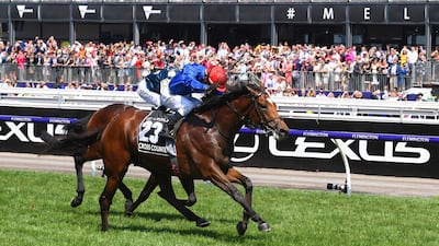 Kerrin McEvoy riding Cross Counter defeats Hugh Bowman riding Marmelo in Race 7 to win the Melbourne Cup race. Getty Images
