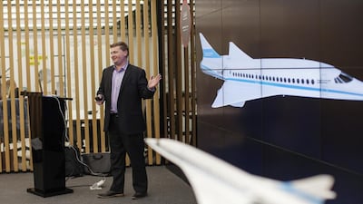 Blake Scholl present Boom’s plans in Dubai on Tuesday evening. Anna Nielsen for The National