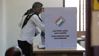 An Indian voter cast his vote at a polling station during the sixth phase of the Indian parliamentary election in Bhopal, India. EPA