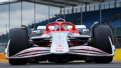 A model of the 2022 F1 car revealed during'"F1 One Begins' event at the Silverstone circuit.
