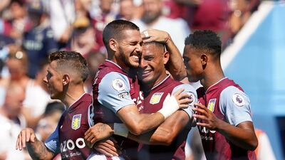 Emiliano Buendia celebrates scoring Aston Villa's second goal in the 2-1 Premier League victory against Everton at Villa Park, Birmingham, on August 13, 2022. PA