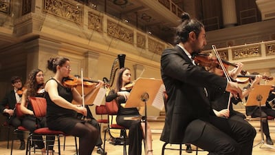 Members of the Syrian Expat Philharmonic Orchestra during a performance at the Concert House in Berlin, September 2016.