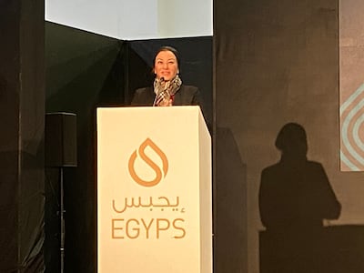 Yasmine Fouad, Egypt’s environment minister, spoke at the fifth Egypt Petroleum Show in Cairo on Tuesday. Nada El Sawy / The National