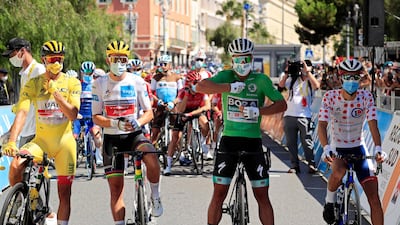 UAE Team Emirates rider Alexander Kristoff wearing the yellow jersey ahead of the start of Stage 2. EPA