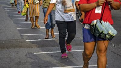 MANILA, PHILIPPINES - APRIL 3: Residents stand on white lines on the ground spaced to enforce social distancing as they queue to enter a slum area on April 3, 2020 in Manila, Philippines. Philippine President Rodrigo Duterte on Wednesday ordered law enforcement to "shoot" residents caught violating quarantine rules during a month long lockdown in the country to contain the spread of the coronavirus. The Philippines' main island Luzon, which includes capital Manila, has been on lockdown for more than two weeks. Land, sea, and air travel has been suspended, while government work, schools, businesses, and public transportation have been ordered shut in a bid to keep some 55 million people at home. The Philippines' Department of Health has so far confirmed 3,018 cases of the new coronavirus in the country, with at least 136 recorded fatalities. (Photo by Ezra Acayan/Getty Images)