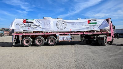 The UAE sent 25 trucks carrying more than 309.5 tonnes of humanitarian aid into Gaza as part of Operation Chivalrous Knight 3. Photo: Wam