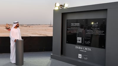 Sheikh Mohammed bin Rashid, Vice President and Ruler of Dubai, at the site ceremony for the Tower at Dubai Creek Harbour. Wam