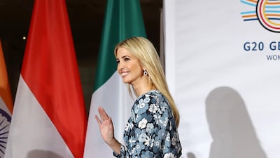 Ivanka Trump, wearing a blue-and-white floral Michael Kors dress, attends the W20 conference on April 25, 2017, in Berlin, Germany. Getty Images
