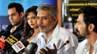 The filmmaker Prakash Jha, second from right, talks about his film Chakravyuh in Dubai. Charles Crowell for The National