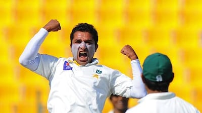 Pakistan bowler Bilawal Bhatti celebrates after dismissing Mahela Jayawardene during the first day of the first Test match in Abu Dhabi on Tuesday. Ishara S Kodikara / AFP