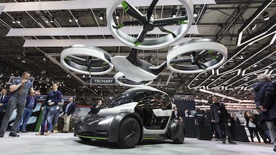 The new IAirbus-taldesign Pop.Up flying car system at the 87th Geneva International Motor Show in Geneva, Switzerland. Cyril Zingaro / AP