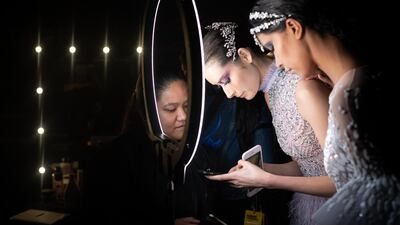 Models backstage ahead of the Michael Cinco show at the Dubai Design District in Dubai. Getty Images