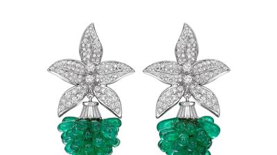 These palm-shaped earrings, by Bina Goenka x Gemfields x WFG, are made from white diamonds and emeralds. Courtesy Gemfields