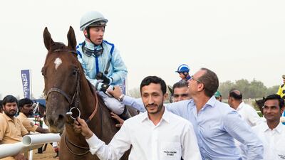 Tadhg O'Shea rode his first winner for Dubai Crown Prince Sheikh Hamdan bin Mohammed.
