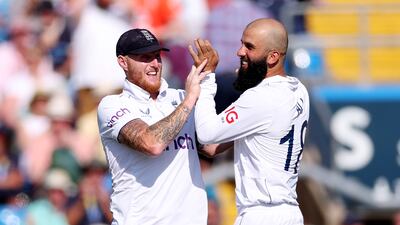 Moeen Ali celebrates with Ben Stokes after dismissing Steve Smith on Day 2 of the Ashes Test at Headingley. Getty