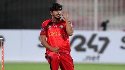 Sharjah's Hafeez Rahman takes the wicket of Fujairah's Waseem Muhammad
