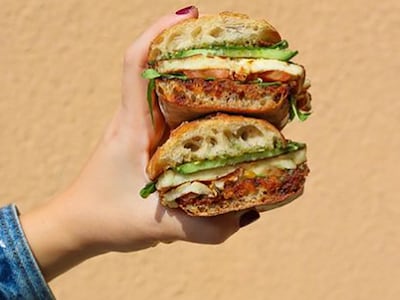 A delicious veggie option, this comes with pesto, tomatoes, cucumber, basil and rocca. Photo: Paul’s