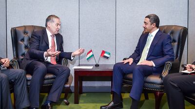 Sheikh Abdullah bin Zayed, Minister of Foreign Affairs and International Cooperation, with Sirodjidin Aslov, Tajikistan's Minister of Foreign Affairs. WAM