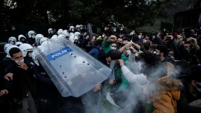 Turkish riot police clash with students of Bogazici University. Reuters