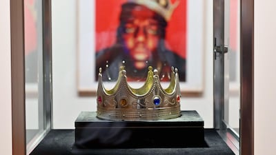The crown worn by Notorious BIG, when photographed as the King of New York, is displayed during a press preview at Sotheby's first hip-hop auction on September 10, 2020 in New York City. AFP