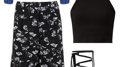 Seek out the trouser silhouette everybody’s talking about – culottes. Complement the monochrome floral print with a plain black tank and a light denim bomber; accessorise with bold gladiators and a pearl-adorned cuff. 1. Denim bomber, Dh350, Gap, Marina Mall, 02 681 1255; The Dubai Mall, 04 339 8784. 2. Culottes, Dh200, Miss Selfridge. 3. Tank top, Dh35, New Look, Yas Mall, 02 565 1622; The Dubai Mall, 04 434 0737. 4. Cuff, Dh500, Dinz at The Zoo Concept, Jumeirah Beach Road, 04 349 5585. 5. Sandals, Dh575, Zara, Yas Mall, 02 465 1487; The Dubai Mall, 04 330 8567.