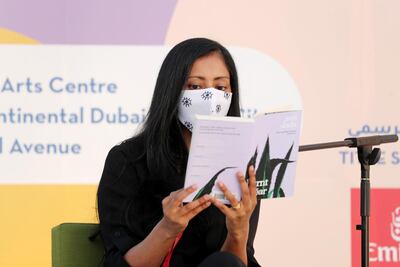 Avni Doshi reading parts of her Booker-nominated novel 'Burnt Sugar' at the Emirates Airline Festival of Literature. Chris Whiteoak / The National