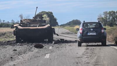 A burnt-out tank in Kharkiv region. AFP