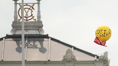 A Tamil protest balloon is seen from Lord’s in London.