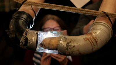 A female spectator photographs a ferret during the Ferret Racing Championship at the Craven Arms and Cruck Barn in Appletreewick on Wednesday evening. PA