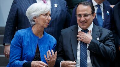 IMF Managing Director Christine Lagarde talks with Governor of the Saudi Arabian Monetary Authority Ahmed Alkholifey following the G-20 meeting at IMF headquarters in Washington, DC, USA, 12 April 2019. EPA