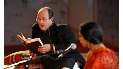 William Dalrymple, accompanied by singer Vidya Shah, reads from the The Last Mughal at the Sharjah International Book Fair in Sharjah. Charles Crowell for The National