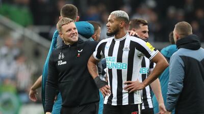 Newcastle manager Eddie Howe with Joelinton after the match. Reuters