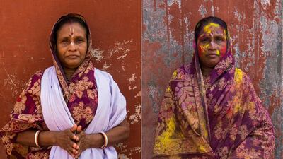 Anjali Rajbongshi, 40, poses for photographs before and after celebrating Holi in Vrindavan.