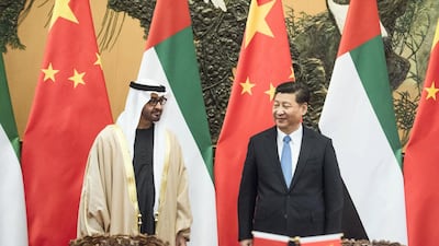 Sheikh Mohammed bin Zayed, Crown Prince of Abu Dhabi and the Deputy Commander of the UAE armed forces meets Chinese President Xi Jinping at the Great Hall of the People in Beijing in December 2015. Fred Dufour / AFP Photo