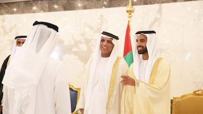 Sheikh Saud bin Saqr Al Qasimi, Supreme Council Member and Ruler of Ras Al Khaimah, and Sheikh Mohammed bin Saud Al Qasimi, Crown Prince of RAK, receive tribal dignitaries, officials and citizens at Khuzam Palace on the occasion of Eid Al Fitr. Wam