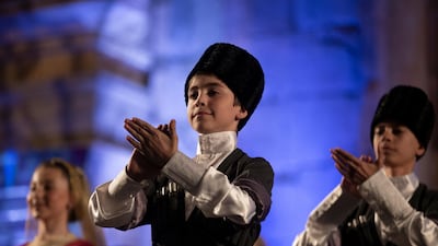 Circassian dancers from Al-Jeel Al-Jadeed Club (the New Generation Club) perform during the 2019 Jerash Festival of Culture and Arts at the Jerash archeological site, Jerash, some 46 km North of Amman, Jordan. EPA