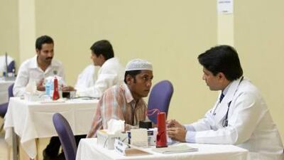 A thousand men from 10 labour camps gathered at the Etisalat Academy in Al Qusais to see doctors, something many of them would not otherwise have been able to afford to do.