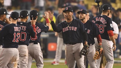 Boston Red Sox players celebrate after beating the Los Angeles Dodgers in Game 4 of the World Series. Reuters