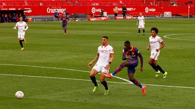 Ousmane Dembele scores Barcelona's opening goal. AFP