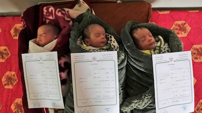 A picture taken on February 2, 2018 shows three Palestinian newborn triplets of the Al Saiqli family, named (R to L) "Quds" (Arabic for Jerusalem), "Palestine", and "Capital", as they lie sleeping with their birth certificates placed above them, in the southern Gaza strip city of Khan Yunis. AFP / SAID KHATIB