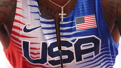 Cravon Gillespie of Team United States competes in round one of the Men's 4 x 100m Relay heats.