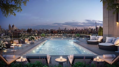 There's a rooftop pool with a cityscape panorama.