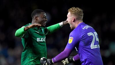 Sheffield Wednesday's Dominic Iorfa and Cameron Dawson celebrate after the 2-0 win at Elland Road on January 11. PA
