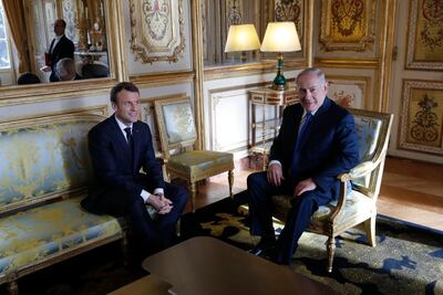 French President Emmanuel Macron (L) meets Israeli Prime Minister Benjamin Netanyahu (R) at the Elysee Palace in Paris, France, 10 December 2017. EPA/PHILIPPE WOJAZER